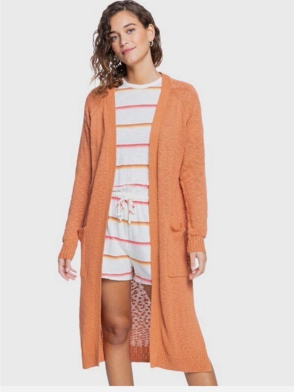 Roxy Long Open-Front Cardigan Sweater - Rust Orange